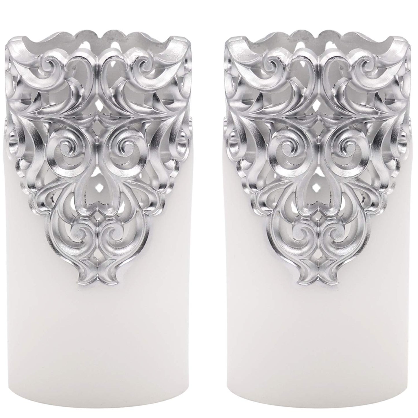 DRomance Hollow Silver Flameless Flickering Candles with 5H Timer, Battery Operated LED Pillar Candles Unscented Wax Warm Light Christmas Home Decoration(Set of 2, 3 x 6 Inches)