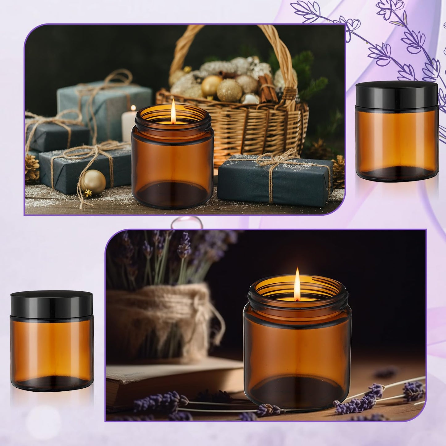 36 Pcs 4 oz Glass Jars with Lids, Clear Candle Jars with Black Lids Round Empty Candles Container Tins Candle Making Storing Lotions Spice Powder Liquid Sample Makeup (Amber)