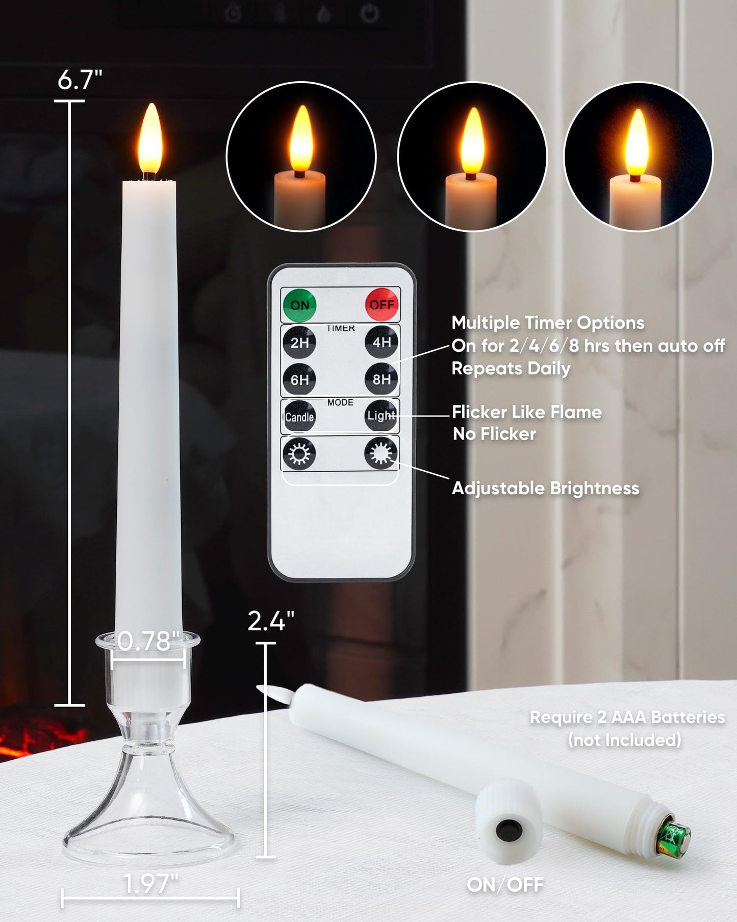 Raycare Pack of 9 Flameless Taper Candles Battery Operated, Led Candle Sticks Warm Flickering, 6.7 Inches Taper Candlesticks with Holders, LED Window Candles with Remote Timer (Batteries not included)