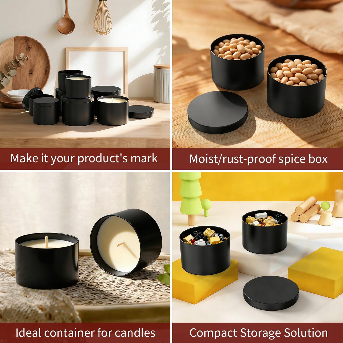 MGLIFEUL Candle Tins Jars Container Vessels for Making 4 8 Oz Black Empty Candle Tins Can Gift Box Packaging Plate with Lids Wax Container Bulk Making DIY Candle Supplies Accessories(Black,4oz,12pcs)
