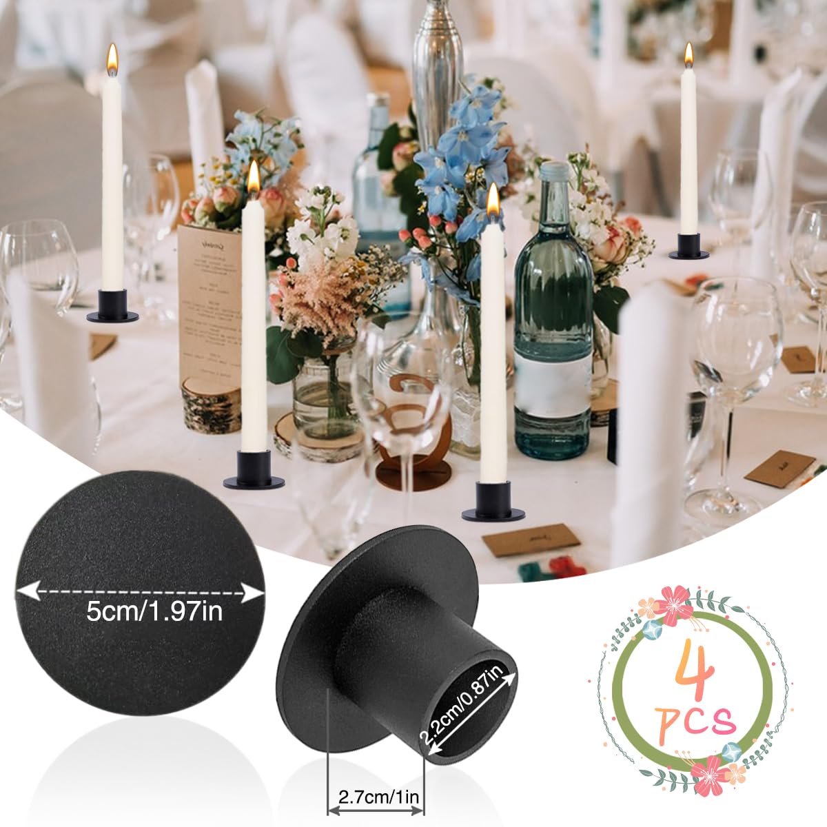 Candle Holder, 4 PCS Matte Black Iron Candlestick Holders Centerpieces for Home Decoration, Party, Wedding Anniversary, Housewarming Gift