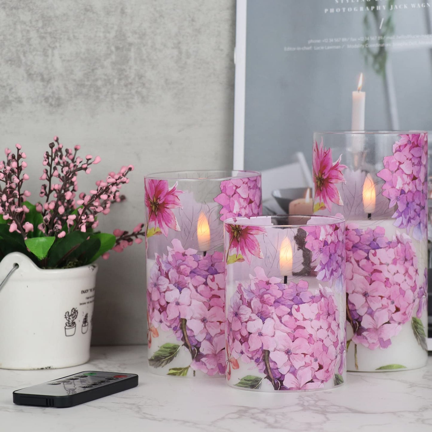 DRomance Pink Hydrangea Glass Flameless Candles with Remote Timer Battery Operated LED Pillar Candles Realistic 3D Wick Flickering Real Wax Wedding Dinner Holiday Decor Candle 3 x 4,5,6 Inches