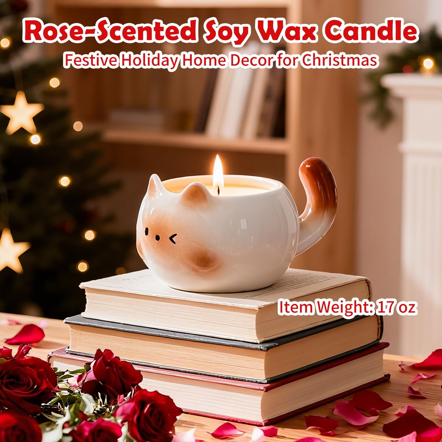 Cat Lover Gift – Cute Cat Scented Candle for Women, Rose Aromatherapy Soy Candle in Ceramic Cat Jar, Funny Cat Lover Gift for Mom, Friend, Birthday, Christmas