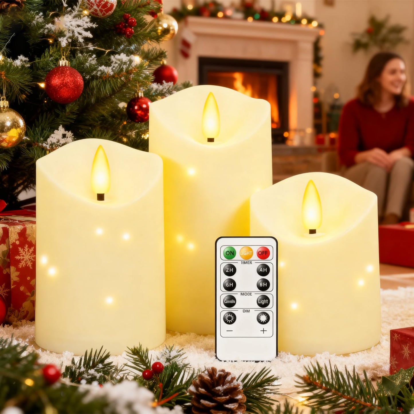 uuffoo Flameless Candles with Timer 3Pc Battery Operated Flickering Pillar Candle w/Remote, 3D Wick Acrylic LED Pillar Candles for Halloween Christmas Home Decoration (Ivory)