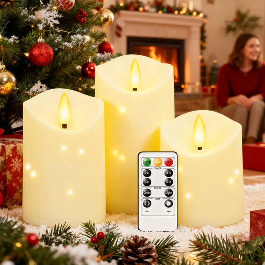 uuffoo Flameless Candles with Timer 3Pc Battery Operated Flickering Pillar Candle w/Remote, 3D Wick Acrylic LED Pillar Candles for Halloween Christmas Home Decoration (Ivory)