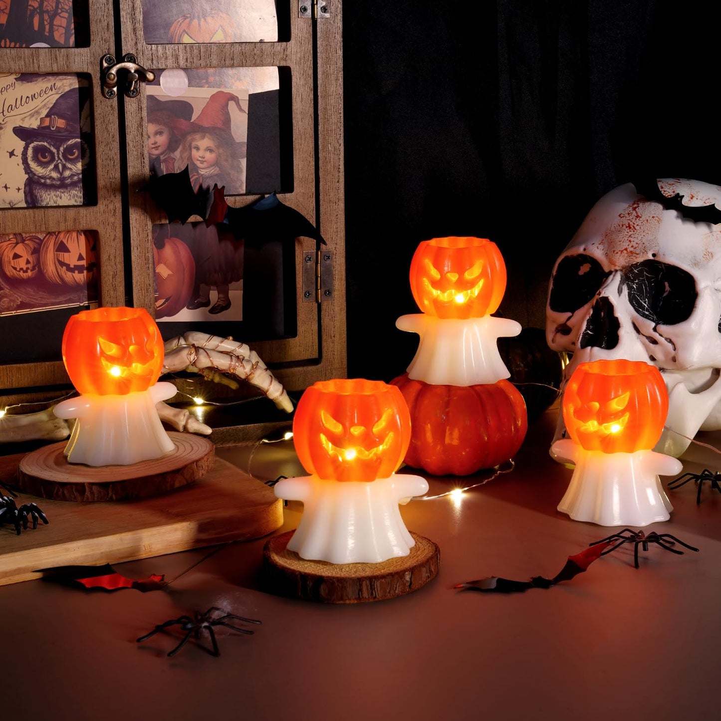 Homemory Real Wax Pumpkin Ghost Lamp, 4 Pcs Flickering Flameless Candles with 6hrs Timer, Spooky Halloween Pumpkin Candles, LED Battery Operated Lights for Home Halloween Decor, Theme Party