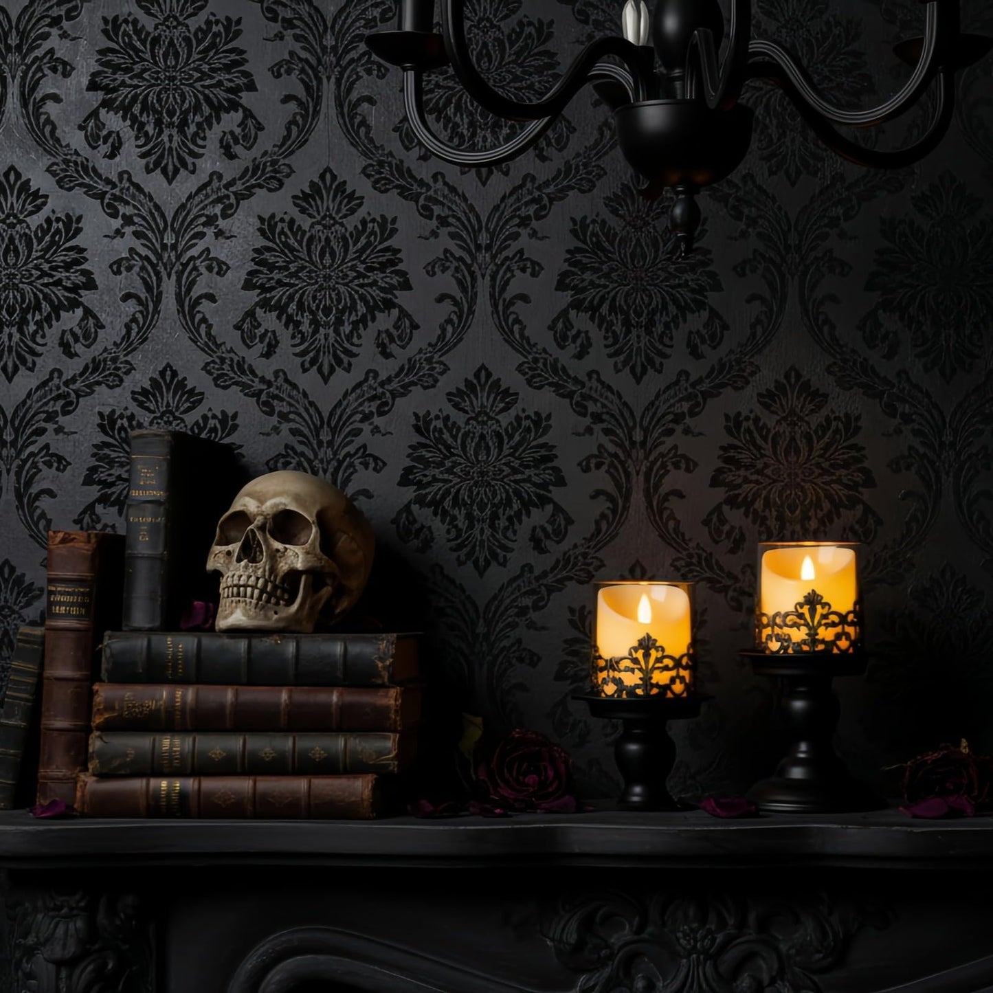 Woparty Gothic Hurricane Candle Holders, Black Metal with Glass Sleeve, Set of 2 Decorative Pillar Holders, 5.9 and 7.9 Inch Height, 4 Inch Diameter