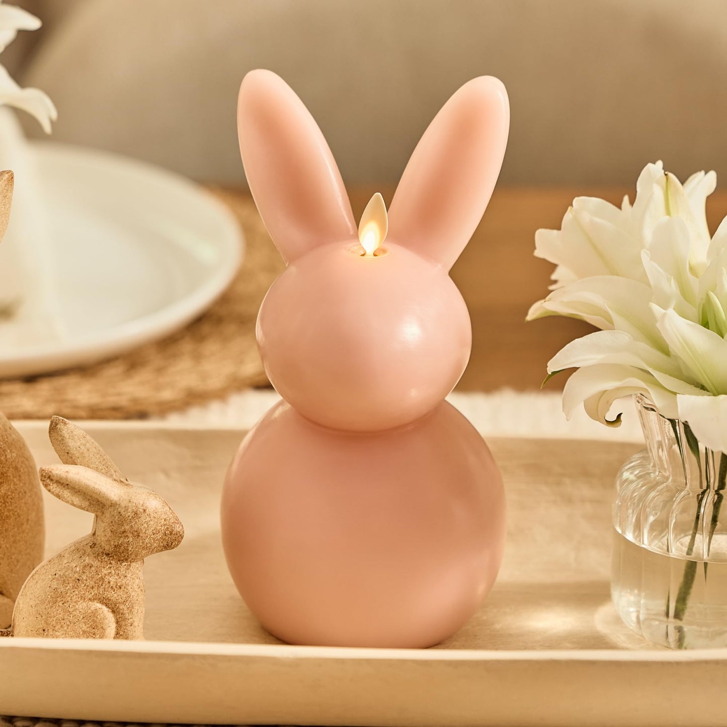 Luminara Easter Bunny Candle- Dusky Rose 4.5" x 4.5" x 8.5"- Flameless Real-Flame Holiday-Inspired Decor- AA Batteries- Flickering LED Flame