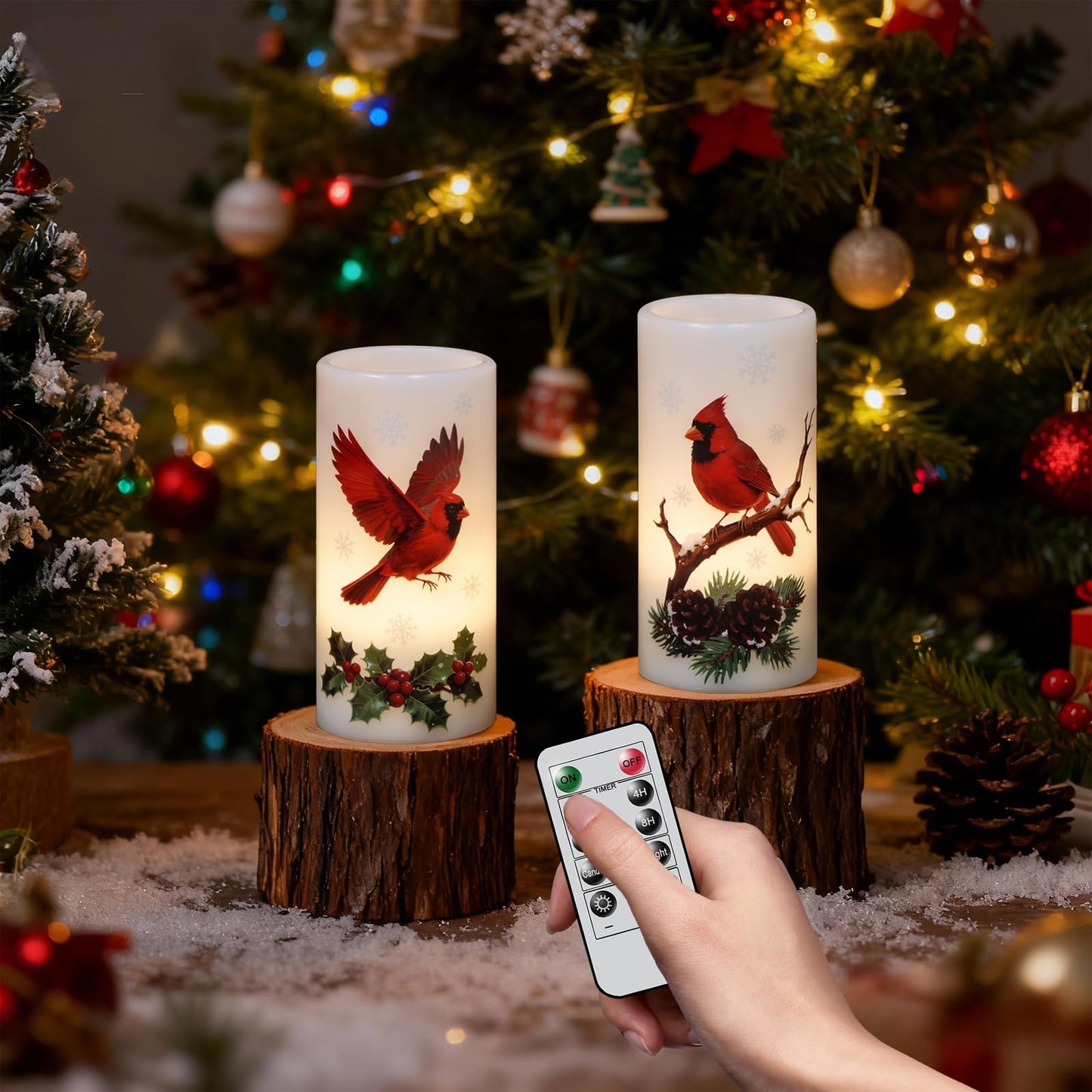 Eldnacele Christmas Cardinal Flameless Candles Battery Operated with Remote and Timer Real Wax Flickering LED Pillar Candles Winter Holiday Indoor Decor(2 Pack, 3" D x 6" H)