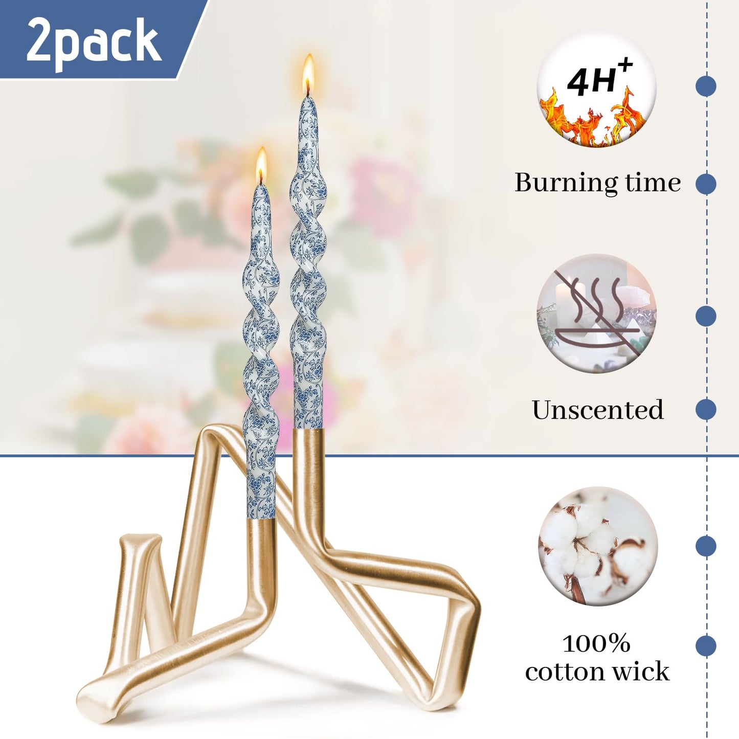Blue Floral Taper Candle Unscented Long Spiral Candlesticks Print Handmade Tapered Candles 10 Inch Tall Twisted Candle for Home Wedding Holiday Decor Gifts - Set of 2