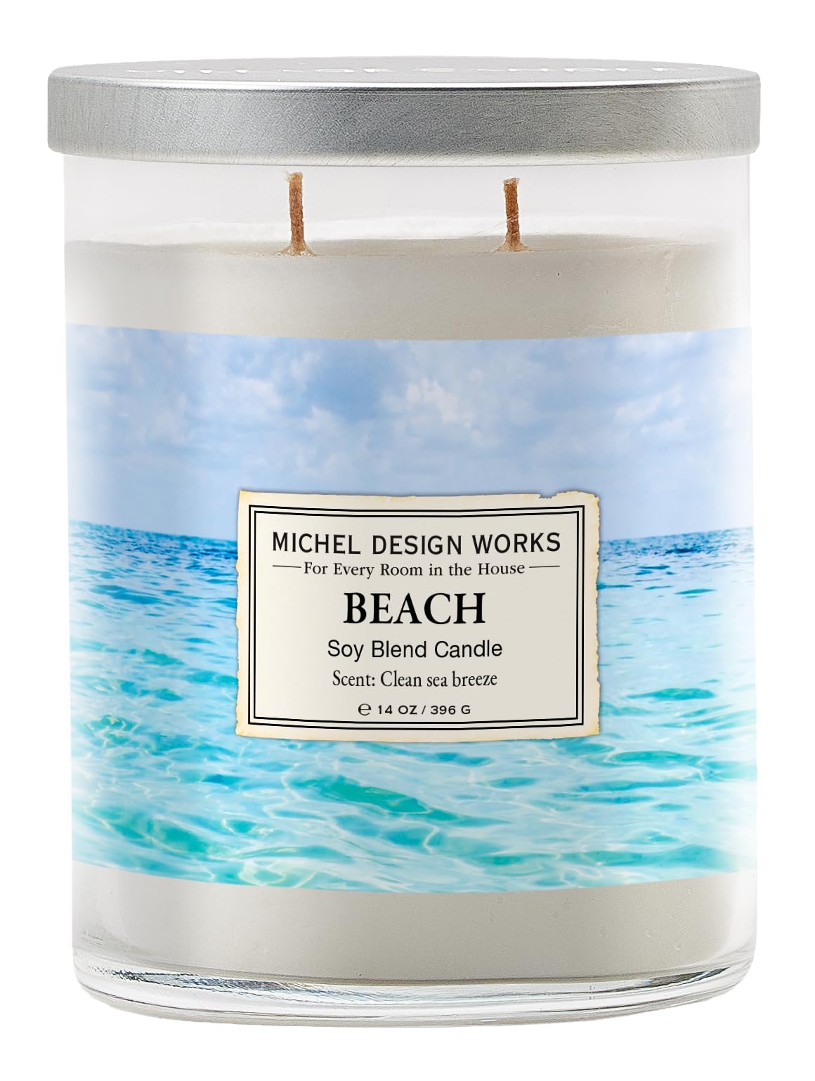 Michel Design Works Beach Scented Candle, 14 oz Soy Blend Dual Wick Candle, Glass Tumbler Jar with Lid, 75 Hour Burn Time, Clean Marine Coastal Home Fragrance Gift