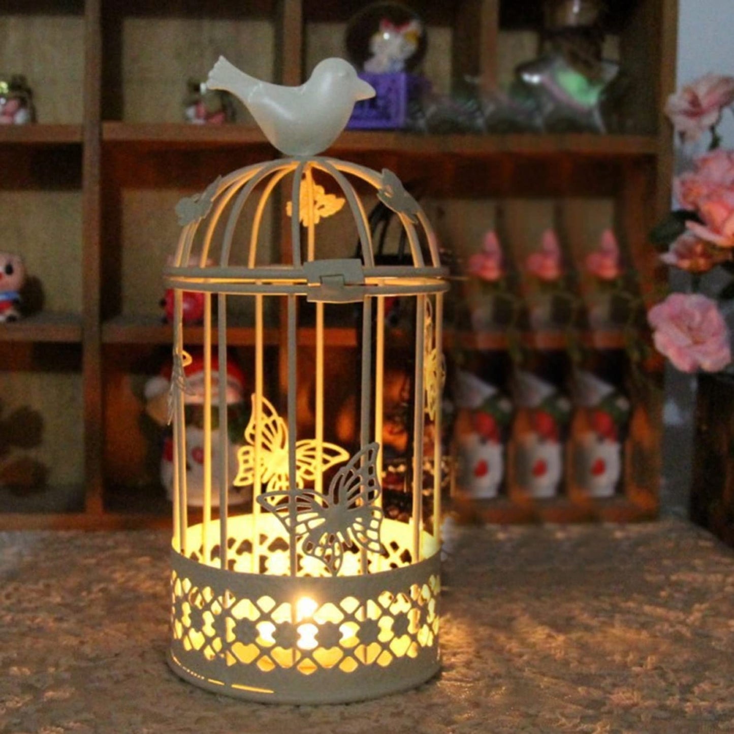 Kikumi Decorative Metal Candlestick for Table Centerpiece, 9.1 X 3.9 Inch Hollow Cage Shape Candlestick Bird Decoration Candlestick for Home Decoration (White)