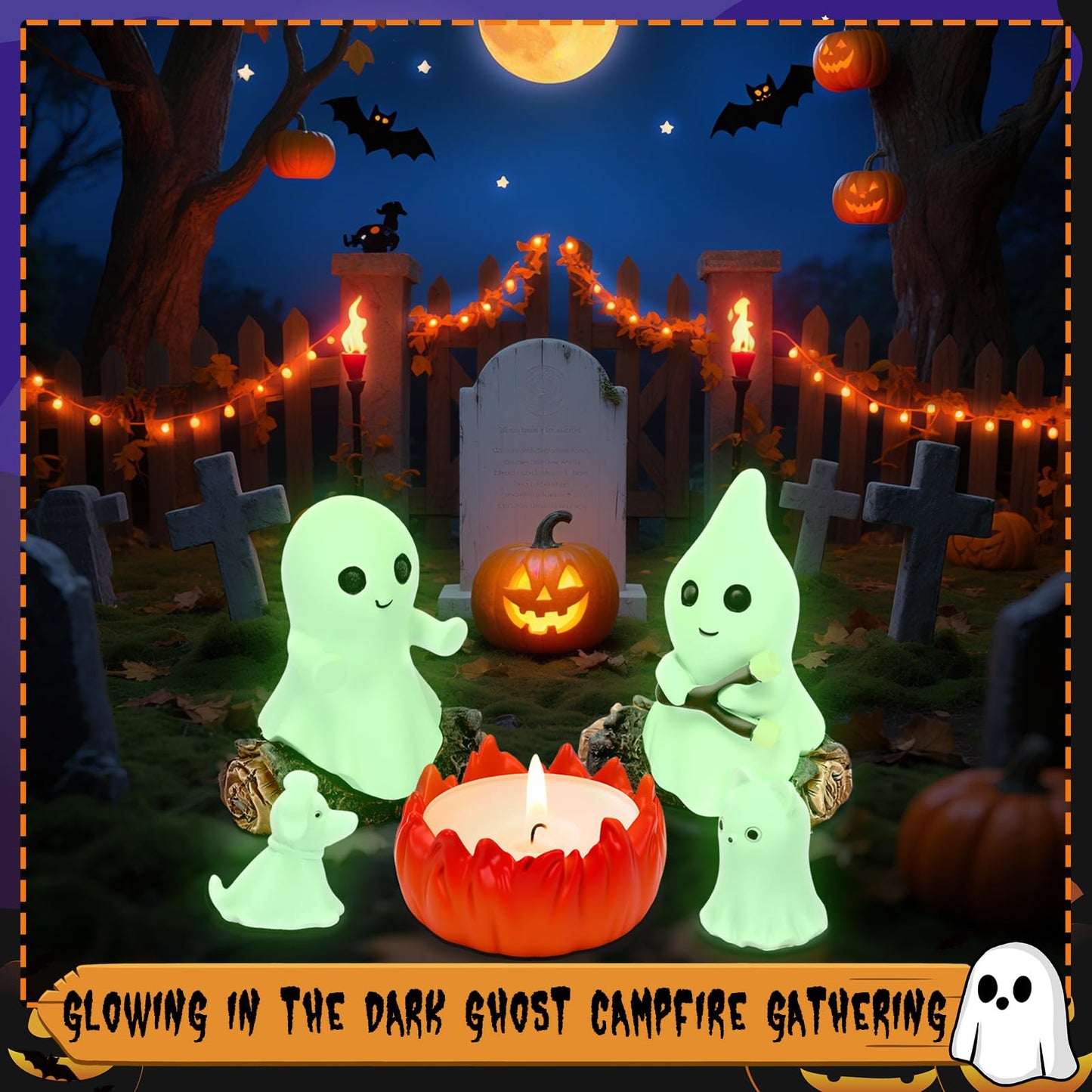 JULEASEL Glow-in-The-Dark Ghost Campfire Gathering, Cute & Cozy Halloween Ghost Figurine Set | 2 Ghosts, Ghost Dog, Ghost Cat and Tea Light Holder | Resin Ghost Statue for Home, Mantel, Shelf, Desk