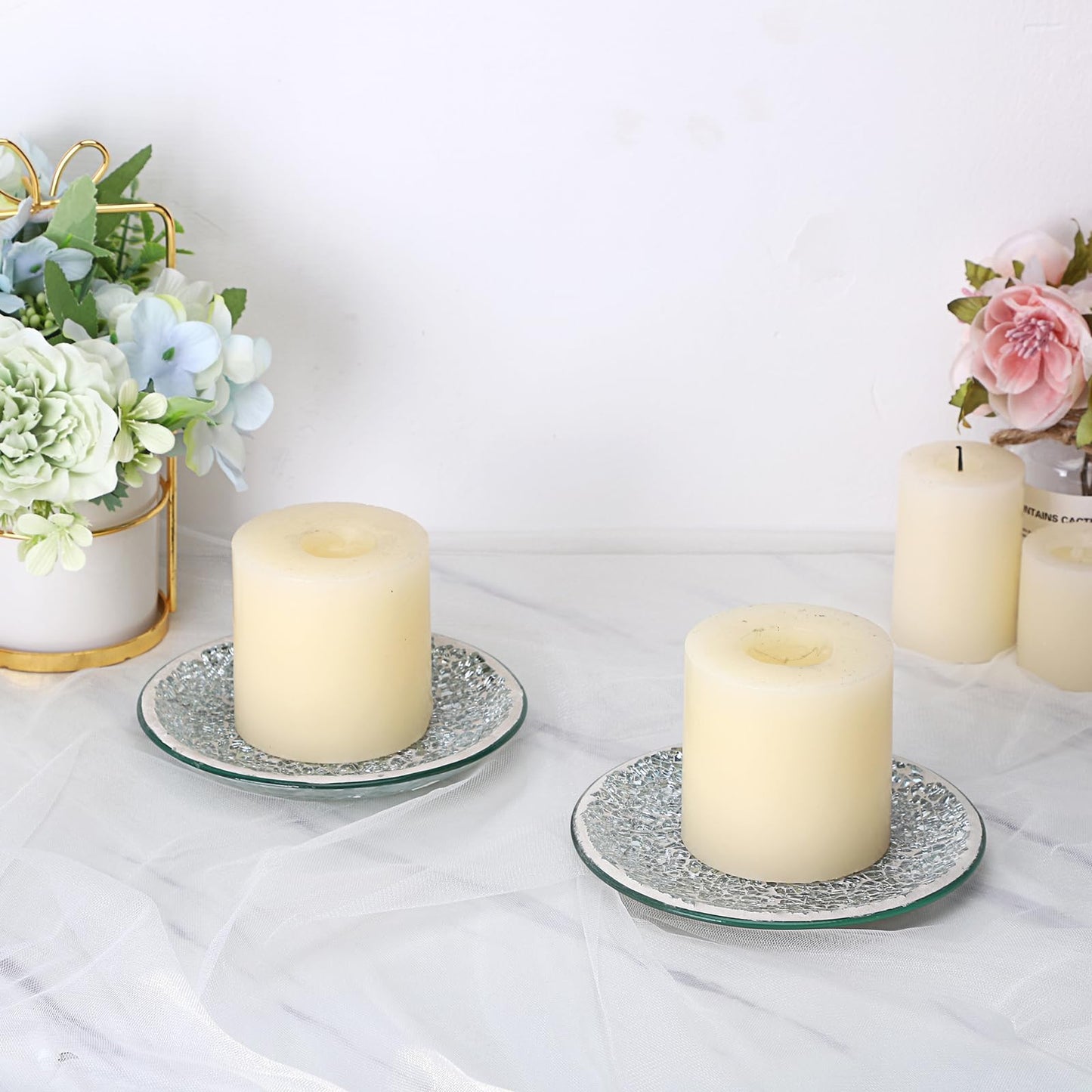 OwnMy 2PCS Mosaic Glass Pillar Candle Holder Plates and Trays, 6 Inch Glass Mosaic Candle Bases Coasters Decorative Pillar Candle Stands for Wedding Table Centerpiececs, Silver