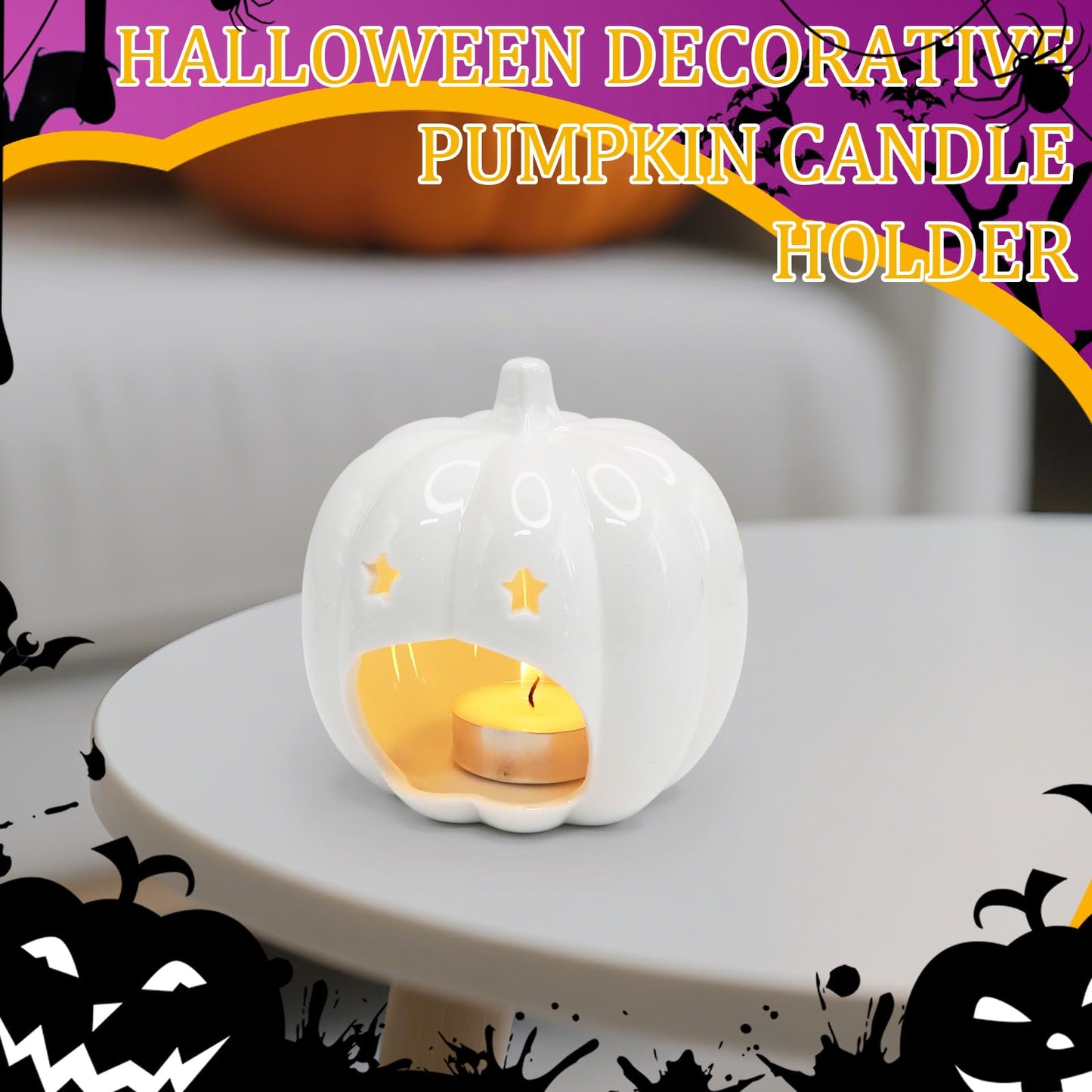 Ceramic White Pumpkin Candle Holder, Halloween Decor Candlestick Holder with Star Hole for Halloween Party, On a Desk at Work, Home Decoration, Daughter Girlfriend Mother Gift