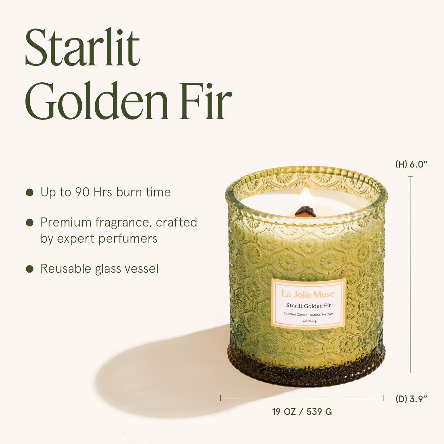 LA JOLIE MUSE Starlit Golden Fir Candle – Pine, Cedarwood, Fir Balsam | 19 oz Large Wooden Wick Candle | Natural Soy Wax | 90 Hours Clean Burn | Gift-Ready for Hosts & Gatherings