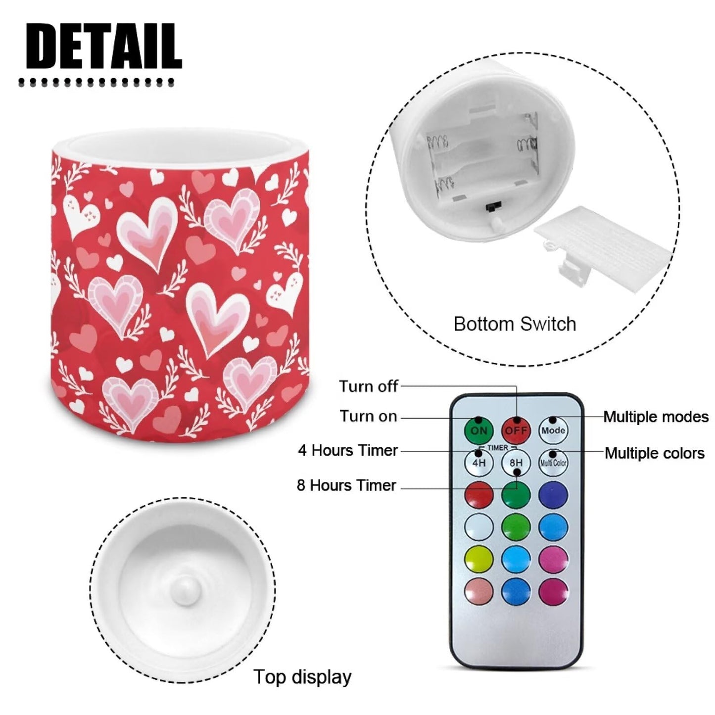 Merkmak Flickering Flameless Candles with Remote Battery Operated Candles with Timer Valentine's Day Red Heart Leaves Print LED Pillar Tea Lights for Indoor Outdoor Banquet Wedding Home Decor