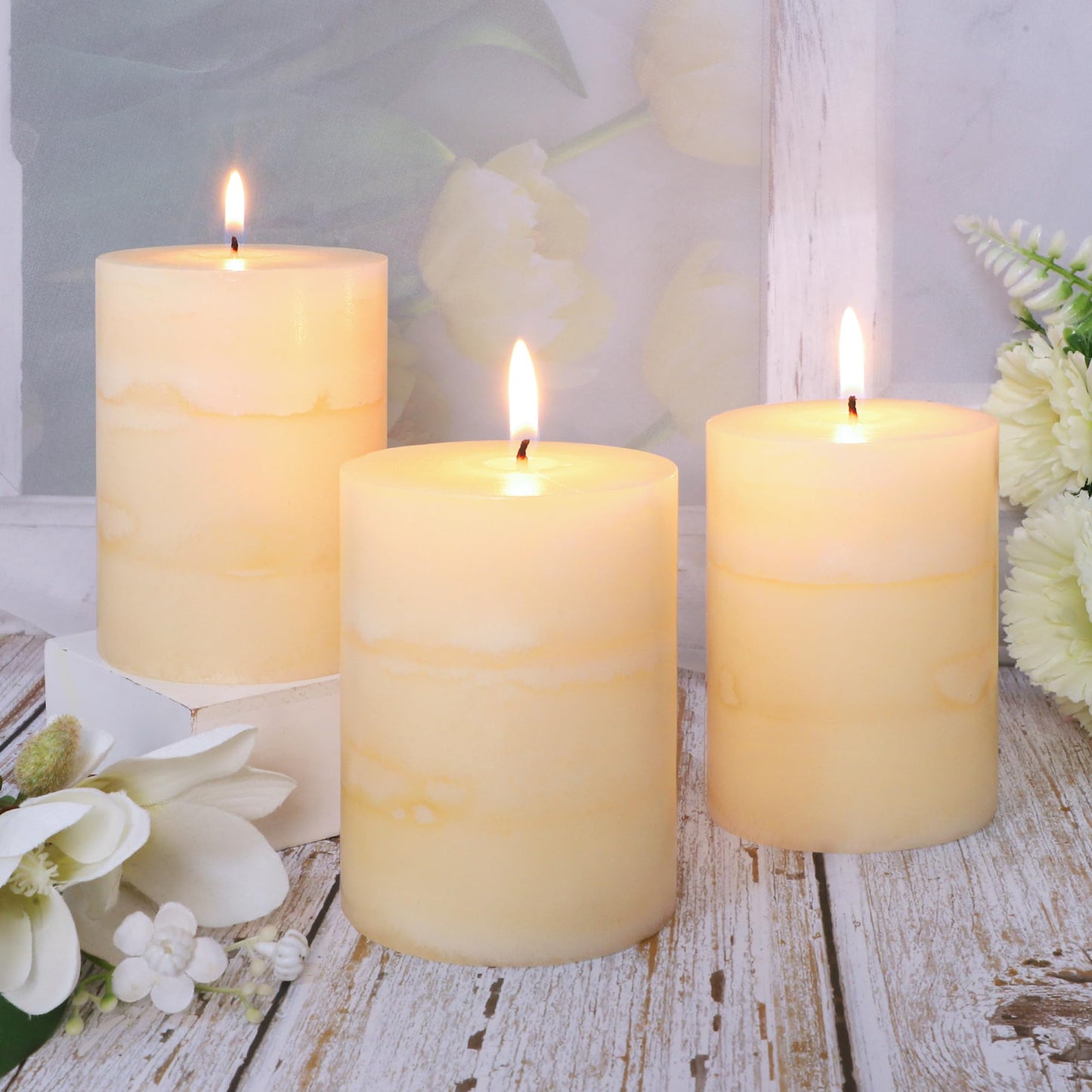 FLAVCHARM 3x4 Inches Jasmine Scented Pillar Candles Ivory White Hand-Poured Candle Long Burning Aromatherapy Candle for Home Scented Wedding Bar Centerpiece Table Decoration, 3 Pack