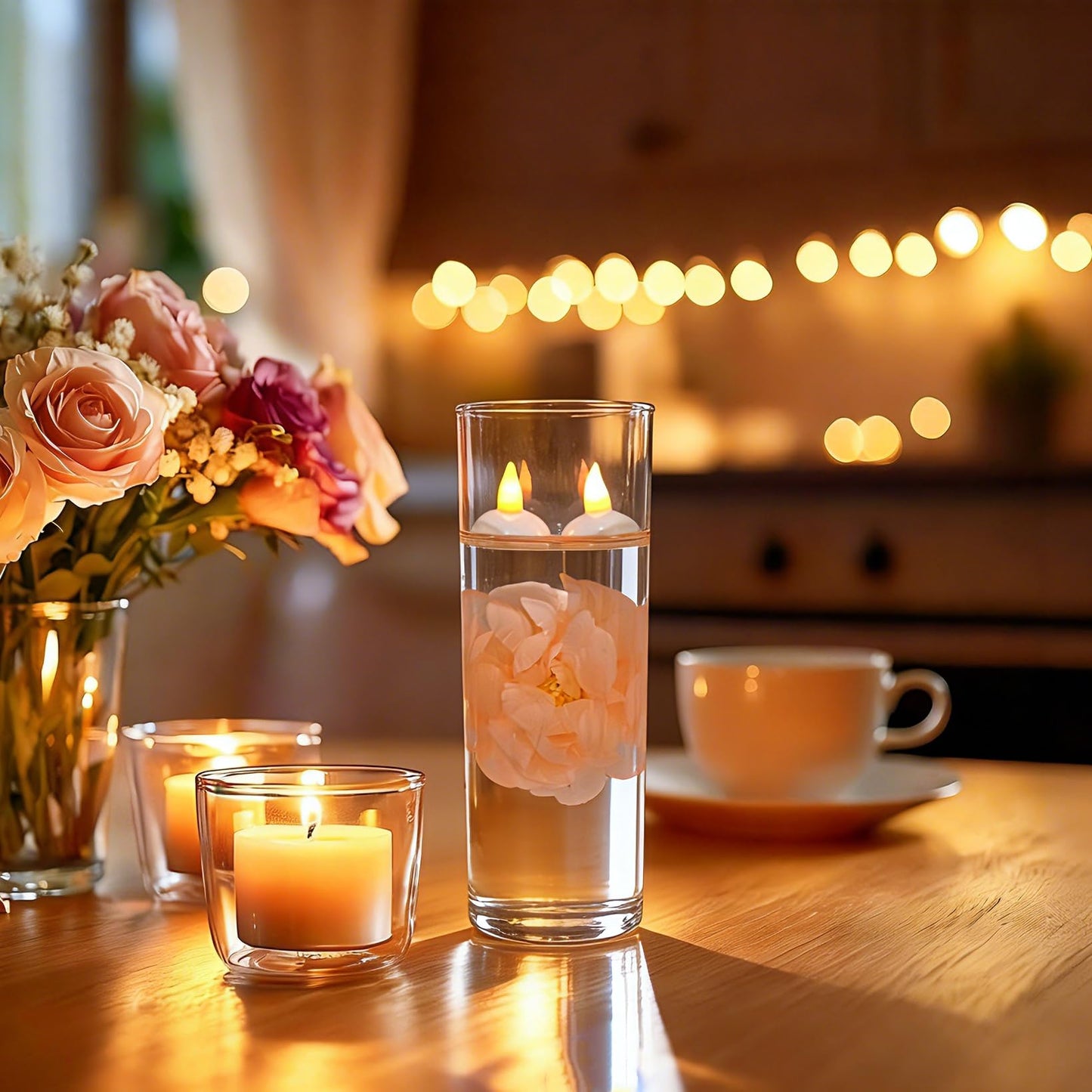 Qazcnd 24 Pack Flameless Floating Candles and Floating Artificial Flower Led Battery Operated Waterproof Tea Lights for Vases Centerpieces at Wedding, Party, Pool Decor Pink