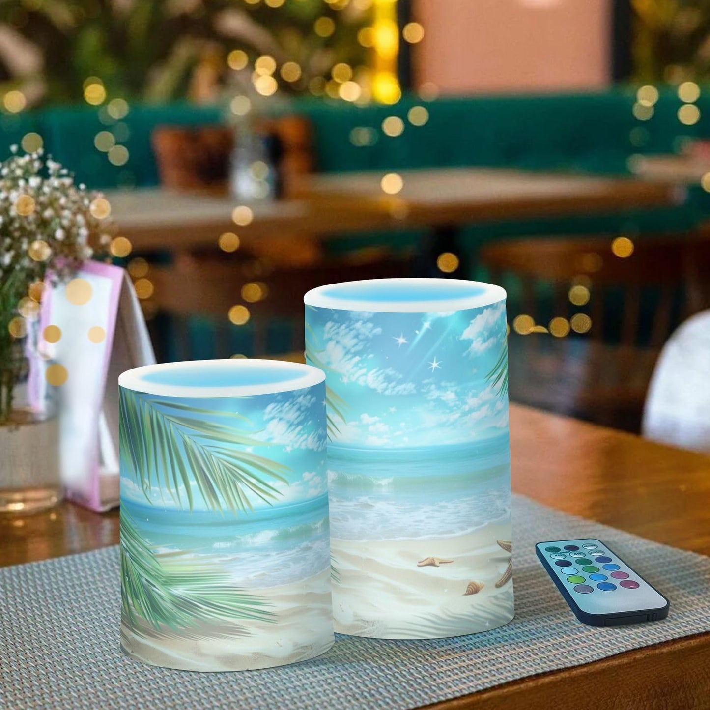 BOENLE Flickering Flameless Candles, Palm Leaves Starfish Beach LED Candles with Remote Timer, Set of 2 Battery Operated Candle for Valentine Wedding Birthday