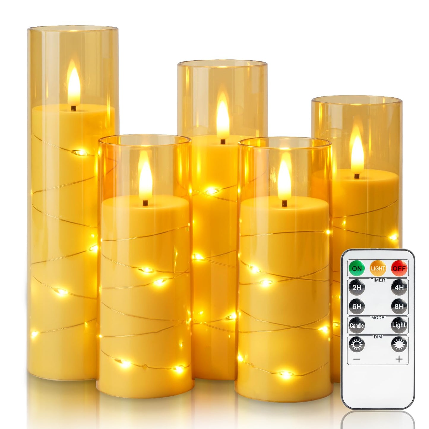 Homemory Flameless LED Candle with Embedded Star String Lights, Fake Candles with Remote Control & Timer, Battery Operated Candles, Amber, Set of 5