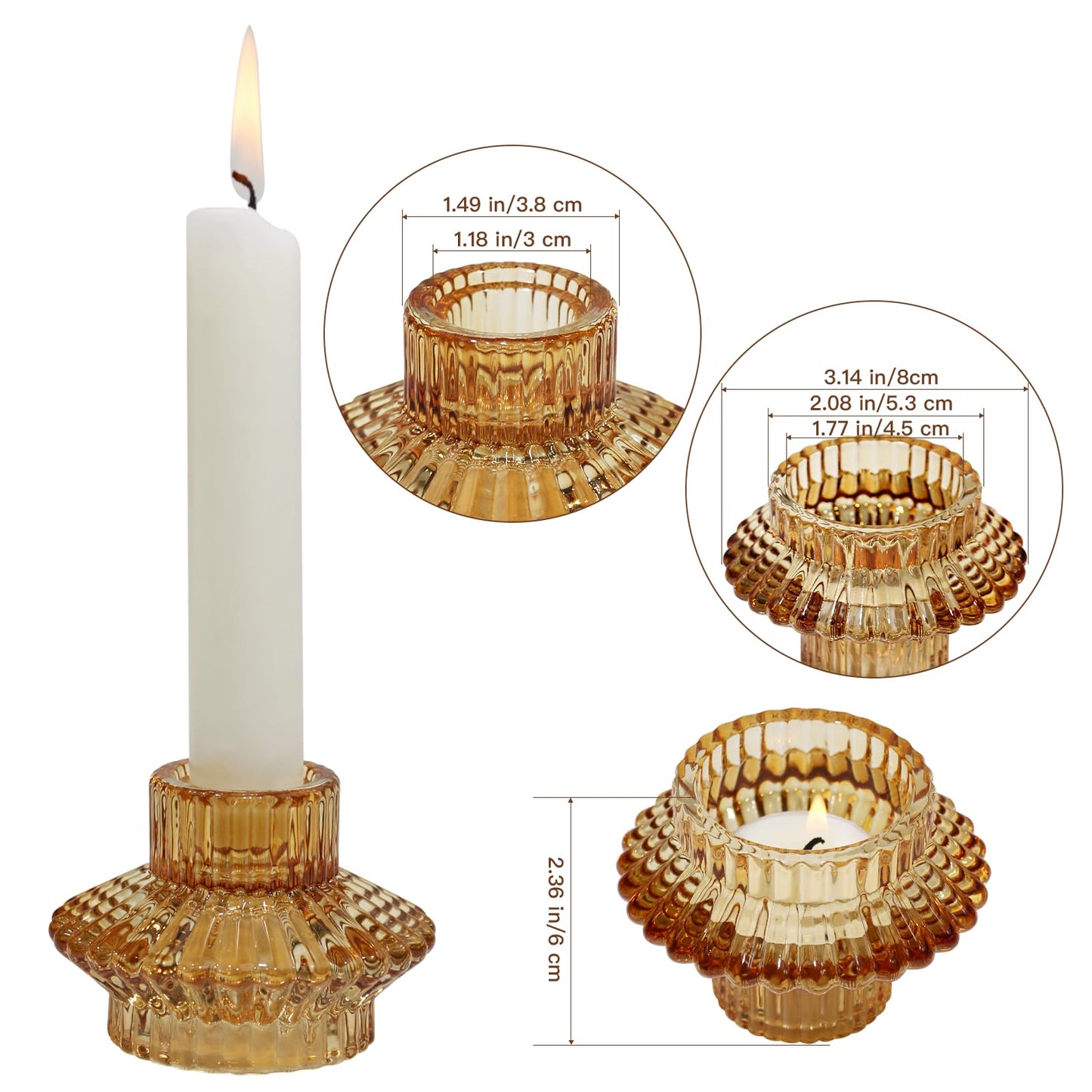 CHOCSTAY Reversible Candlestick Holders Set of 3, Amber Glass Taper and Tealight Candle Holders for Table Centerpiece, Wedding, Party, Home Decor