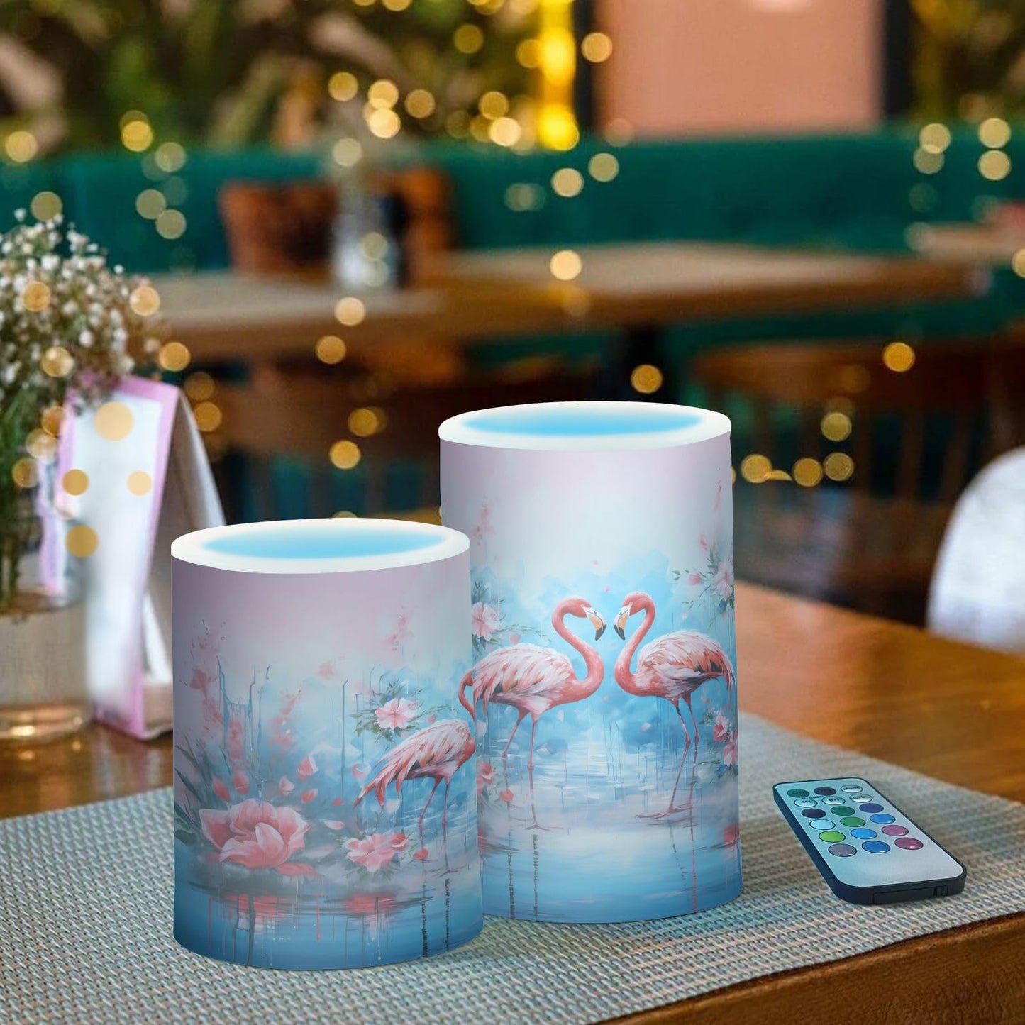 ALAZA Pink Flamingos with Flowers Flickering Flameless Candles Battery Operated with Remote Timer,Tea Light Candles LED Pillar Votive Candles Set of 2 for Outdoor Indoor Decorations