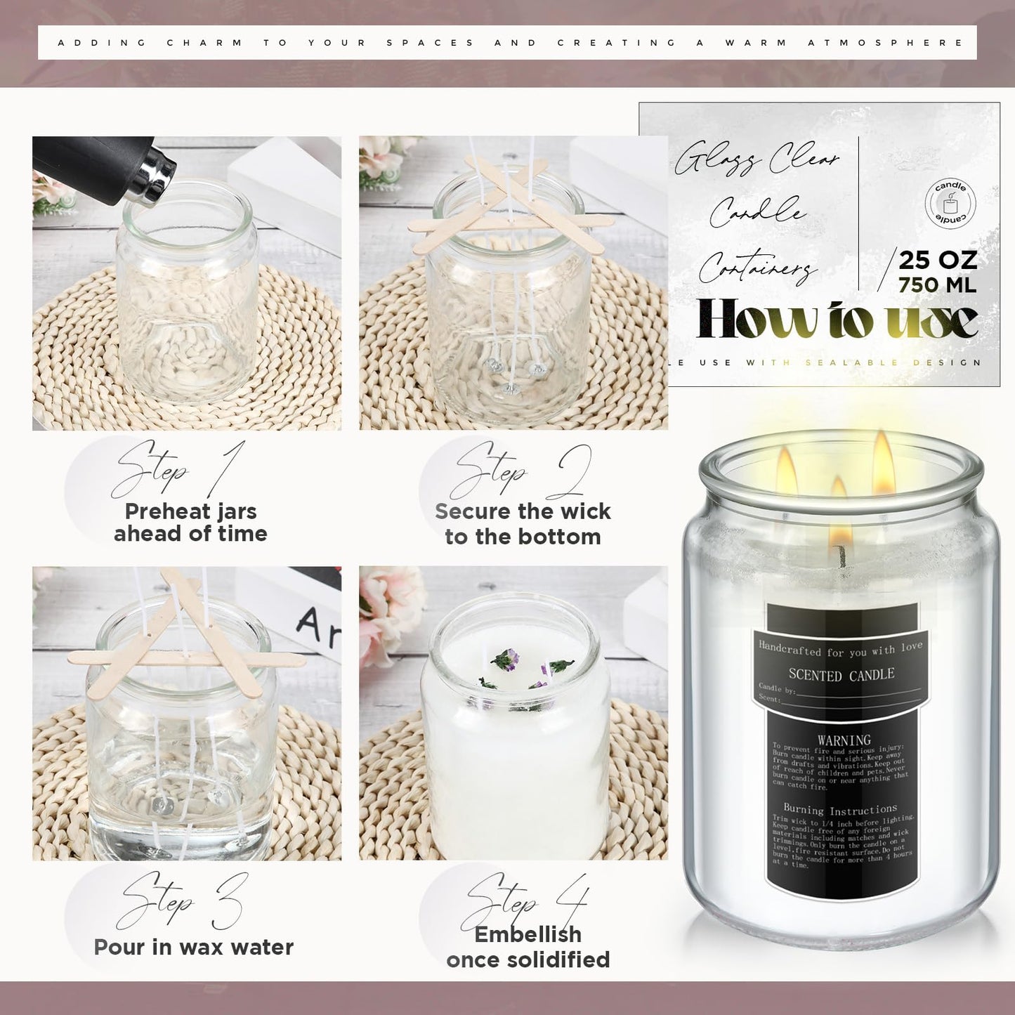 Ziliny 6 Pack 25 oz Glass Candle Jars with Airtight Lids Large Thick Clear Candle Containers with 10 Warning Labels Wooden Wick Holders