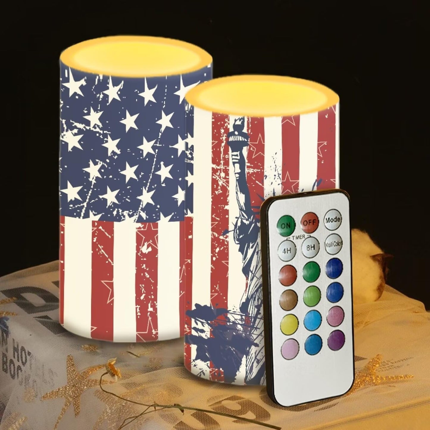 NETILGEN American Flag Statue of Liberty Set of 2 Flameless Candles LED Battery Operated Candles with Realistic July 4th Independence Memorial Day Decoration