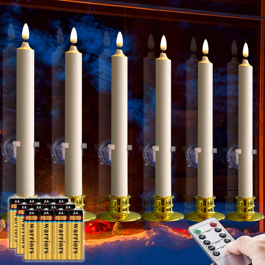 6 Pack Windows Candles with 12 AA Batteries(Include, Run More Than 400 Hours) + 6 Golden Removable Candlesticks + 6 Suction Cups, 10'' Flameless Battery Ivory Taper Window Candle with Remote/Timer