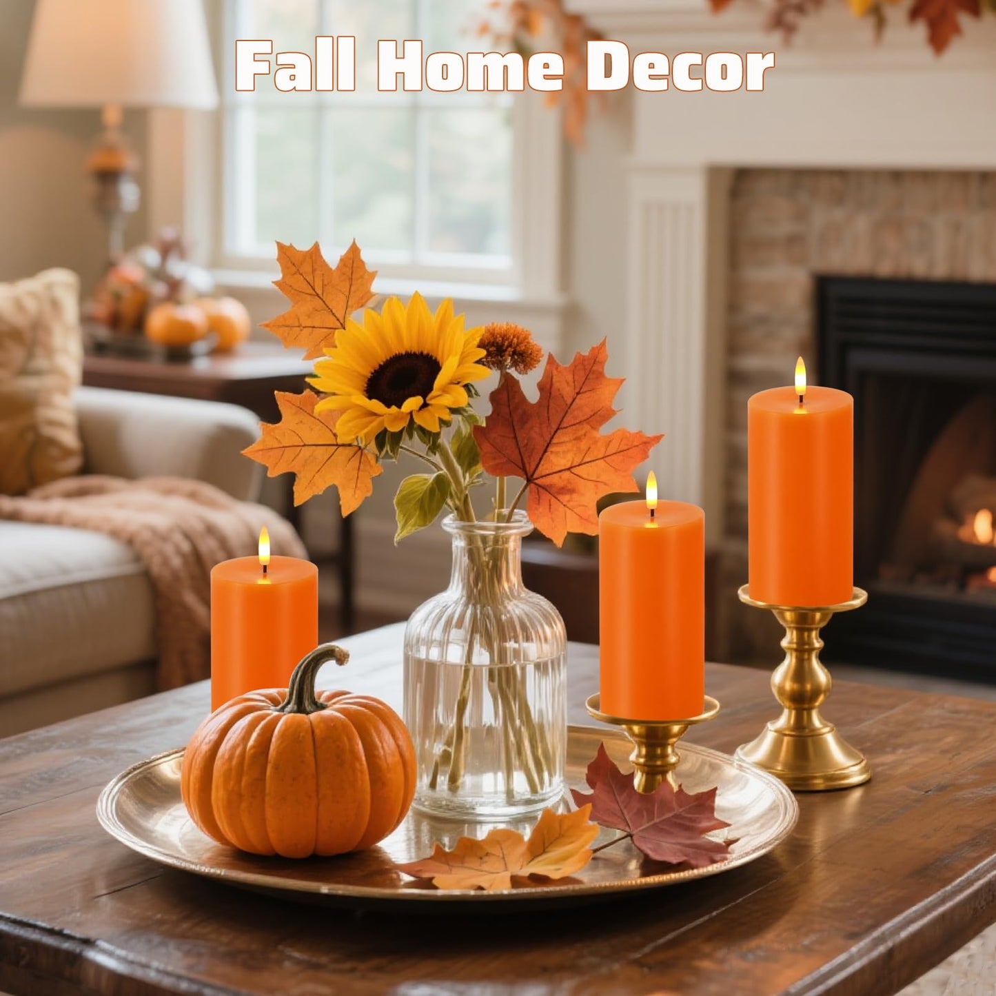 Orange Flameless Candles, Set of 2 7"x3" Flickering LED Candles with Remote & Timer, Dimmable Electric Pillar Candles Battery Operated, Candles Light for Fall Thanksgiving Halloween Decor (Orange)