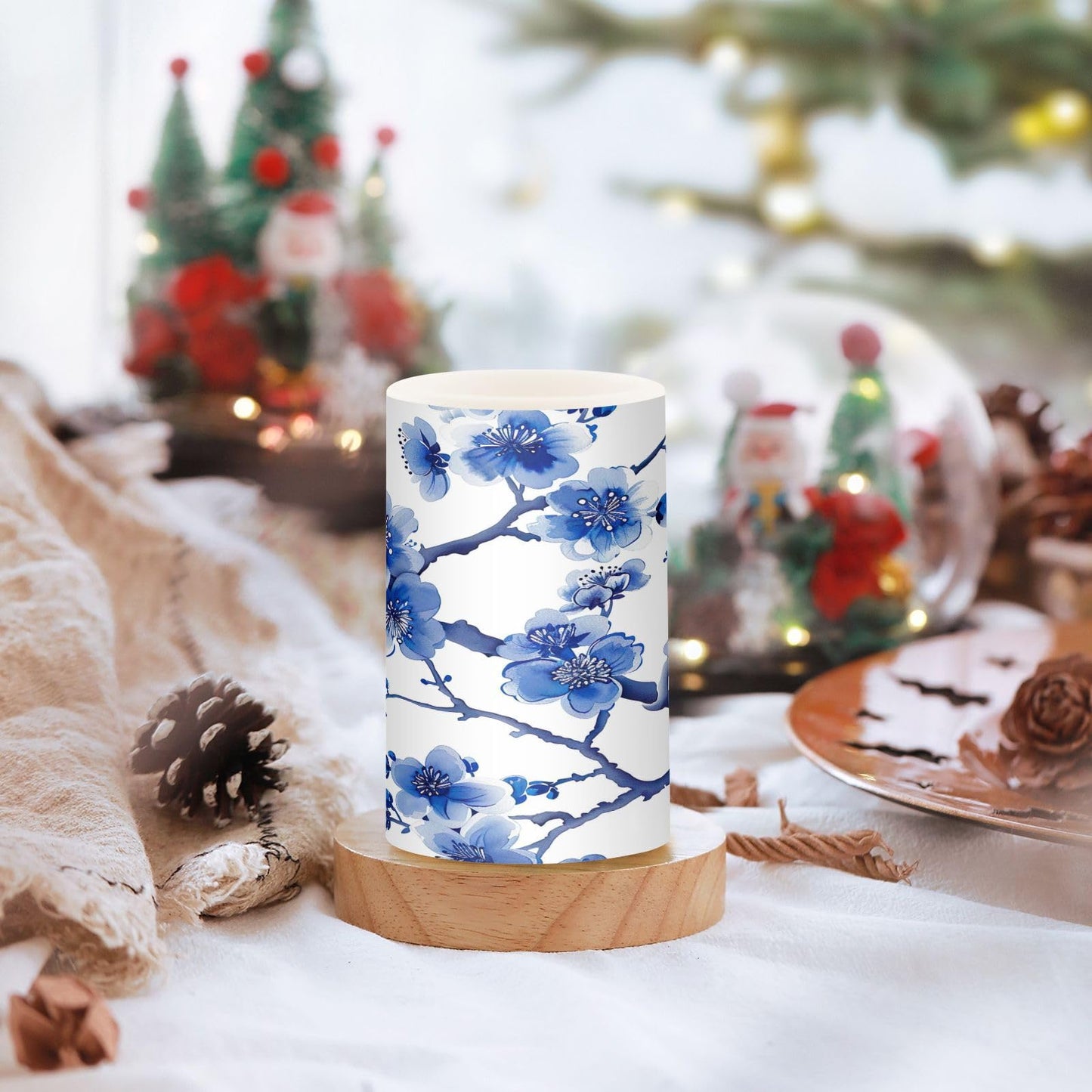 GUIJI Blue Peach Blossom Flameless Candles - Set of 2, Battery Operated Pillar Candles for Home Decoration, Christmas, Party