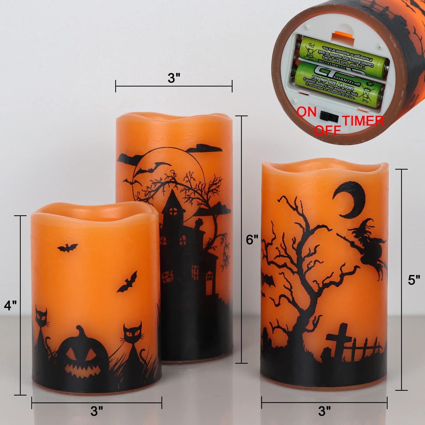 Lasumora Halloween Flameless Candles with 6-Hour Timer, Battery Operated Orange LED Pillar Candles Flickering Real Wax, Witch, Bats, Castle Decals Set of 3 for Halloween Decorations, D3”x H4” 5” 6”