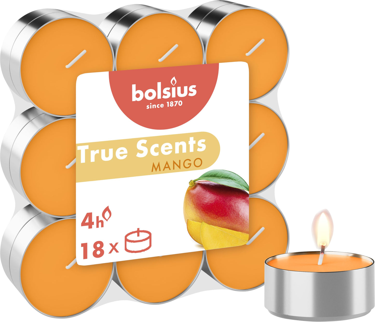 Bolsius True Scents Scented Tealights in Aluminium Cup – Mango Fragrance – Set of 18 Pieces – Orange Colour – Long Burning Time of 4 Hours – Decorative Candles – Wax – Smokeless