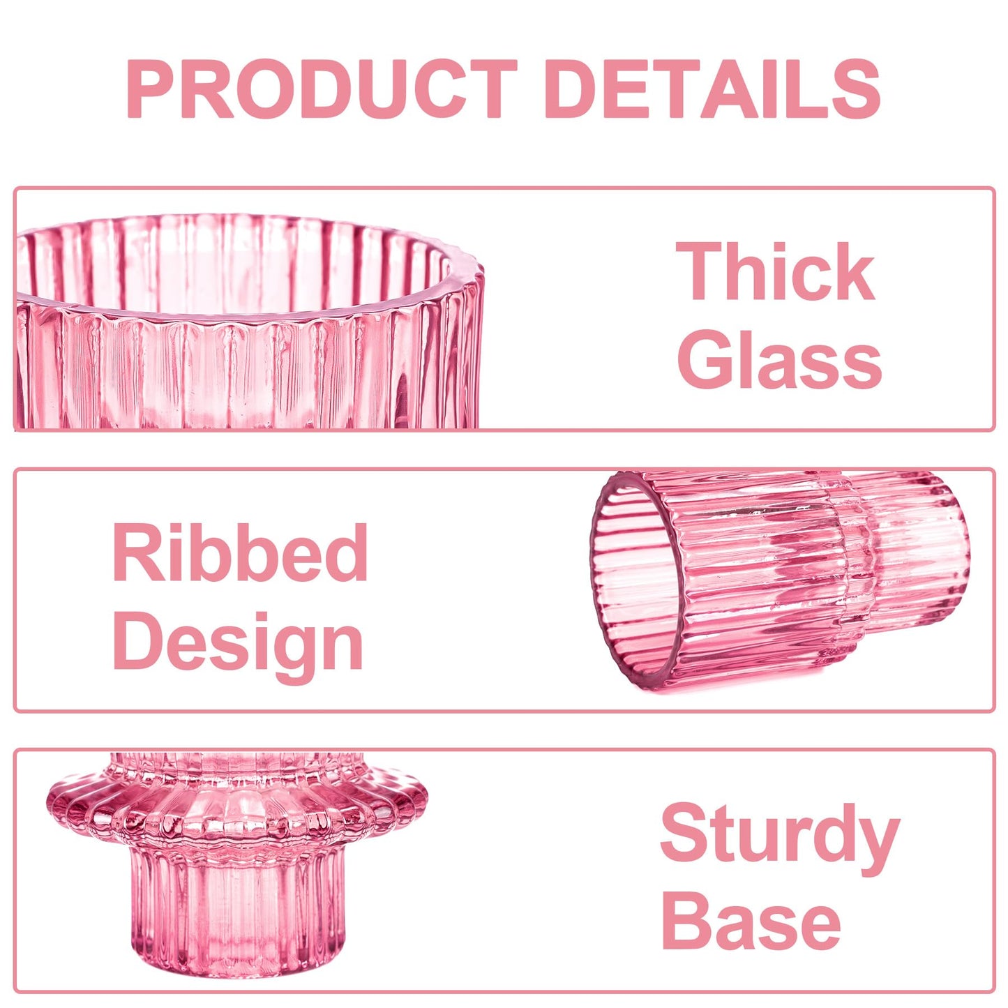 Toptime Candlestick Holders Set of 6, Ribbed Glass Taper Candle Holders, Reversible Pink Tealight & Candle Stick Candle Holder Vintage Crystal Tapered Candlestick for Wedding Dinner Party Festival
