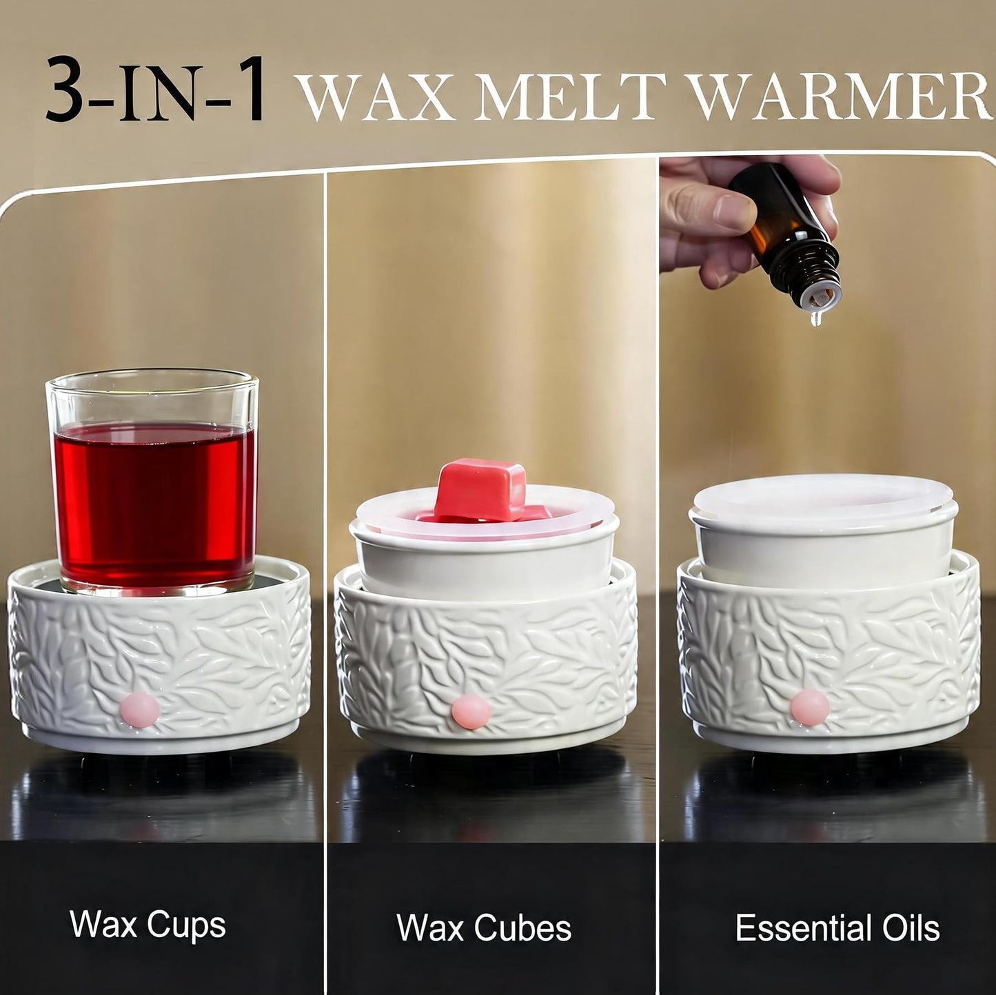 Ceramic Wax Melt Warmer with Timer & Silicone Liner, 3-in-1 Electric Scented Wax Burner for Home Aromatherapy, Fast Melting Fragrance Warmer for Essential Oils & Jar Candles Flame for Women