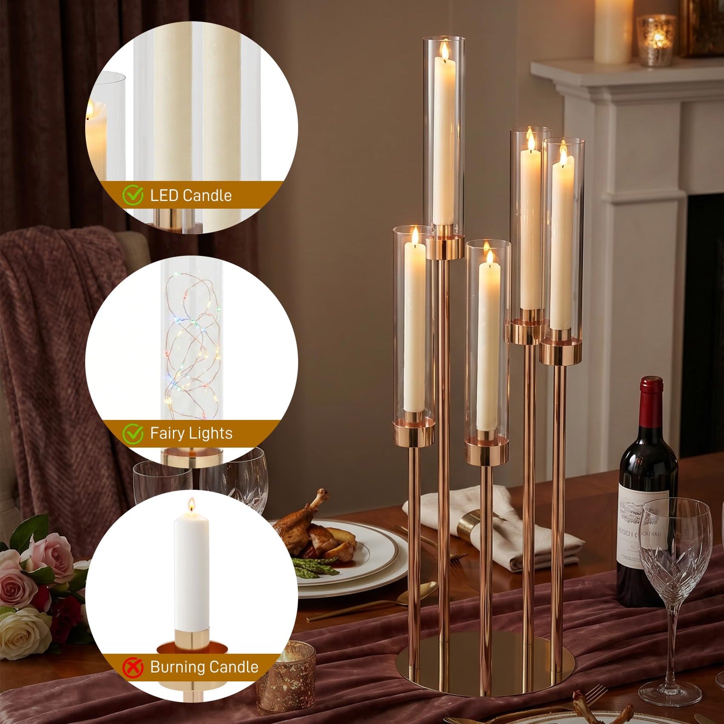 10PCS Gold Candelabra Centerpieces, 42.5in 5 Arm Gold Candle Holder with Acrylic Lampshade, Perfect for Wedding, Birthday, Holiday & Party Decor, Fits 0.9" LED Taper Candles
