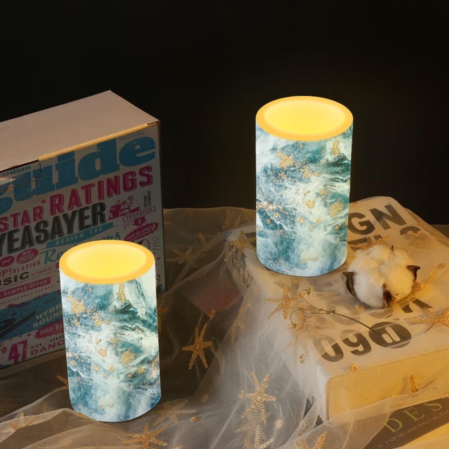 NETILGEN Flameless Candles LED Battery Operated Candles with Realistic Set of 2 with 18 Key Remote Control Timer Dancing Flame Pillar Candles for Home Farmhouse Decor, Blue Gold Marble