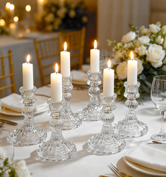 6 Pack Glass Taper Candlestick Holders, Clear Candlestick Holders, 4" H Stripe Crystal Candle Holders Decorative Candle Stand Centerpiece for Wedding, Festival, Dinning Party Table Decor