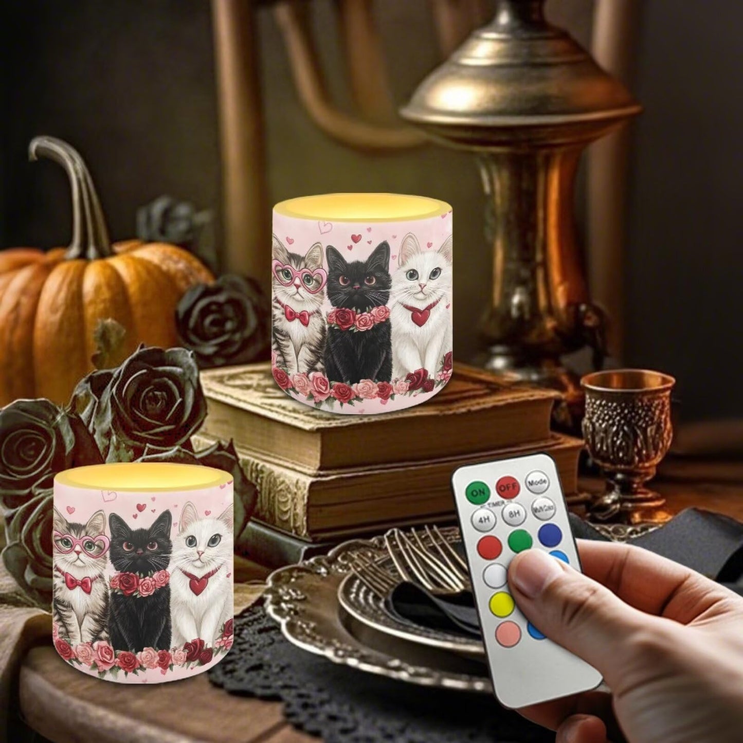 Merkmak 4Pcs LED Candles Bulk Flickering Flameless Candles with Remote and Timer Floral Cat Battery Operated Pillar Tea Lights for Valentines Day Banquet Wedding Home Decorations