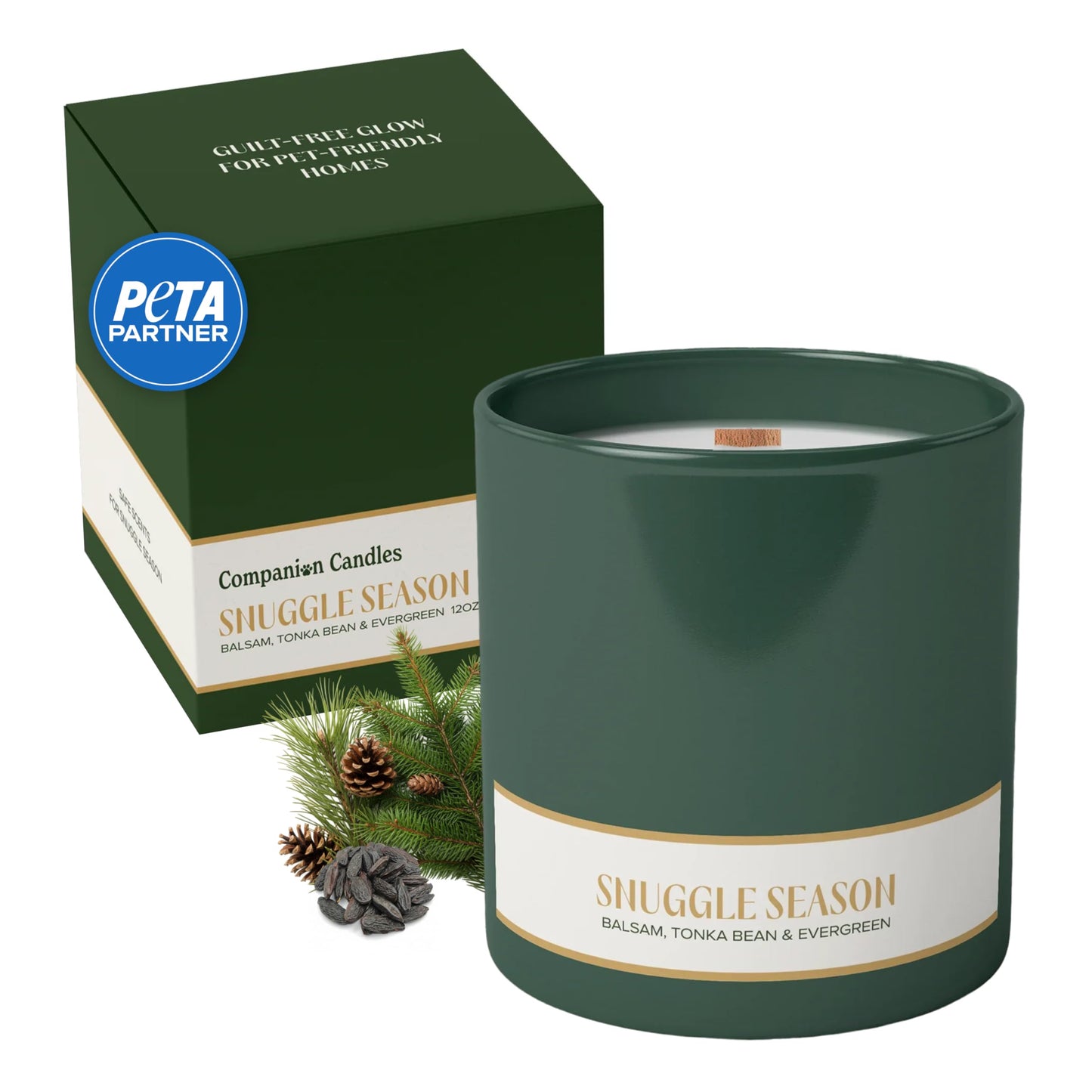 Companion Candles Snuggle Season Pet-Friendly Scented Candle – Balsam, Tonka Bean & Evergreen Fragrance - Coconut Soy Wax Candle with Wooden Wick, Approx. 50-Hour Burn Time, Made in USA, 11.8 oz