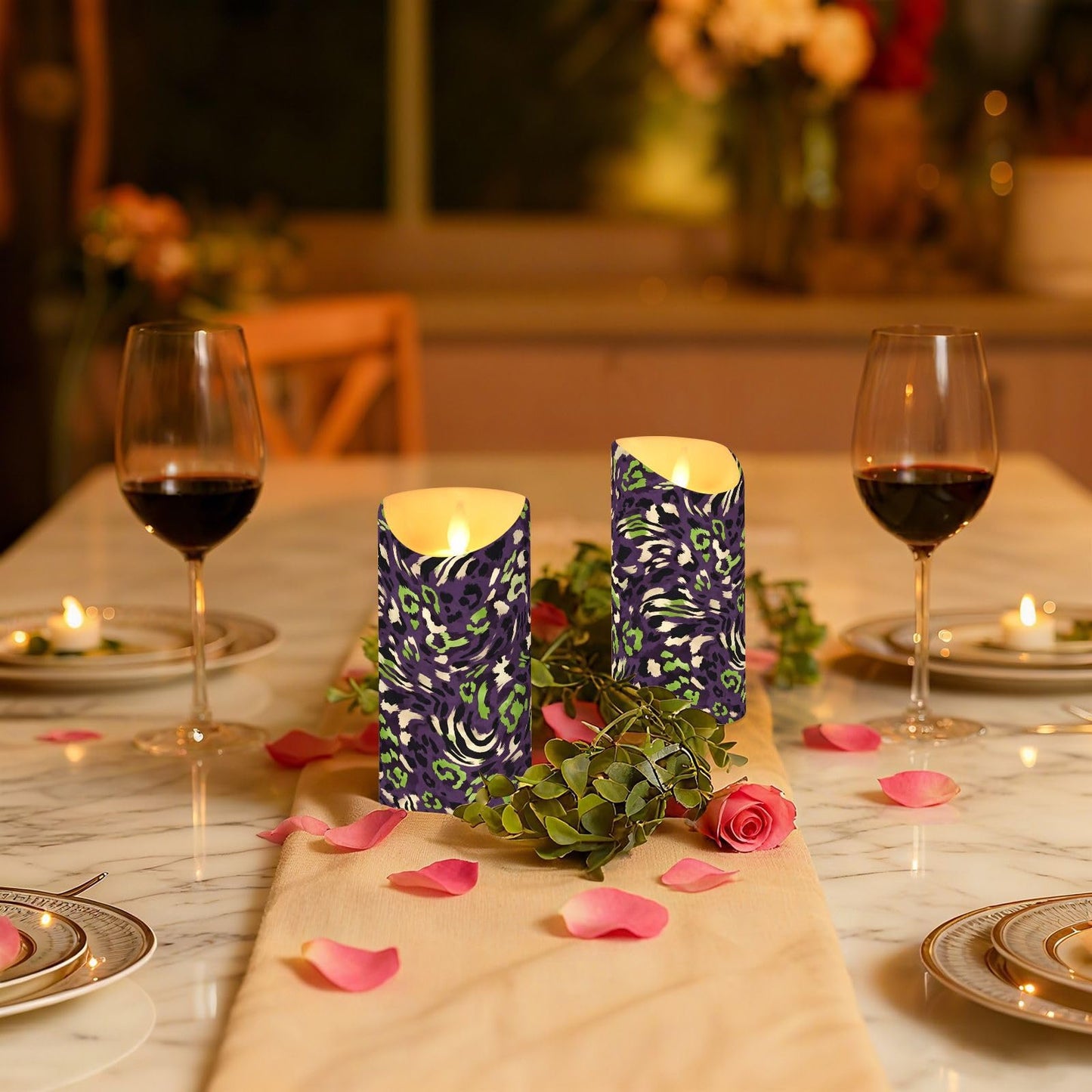 Gravopti Animal Print 2 Pack Flameless LED Pillar Candles with Remote & Timer, Battery Operated, Flickering Wax Candle for Wedding, Romantic Home & Party Decor