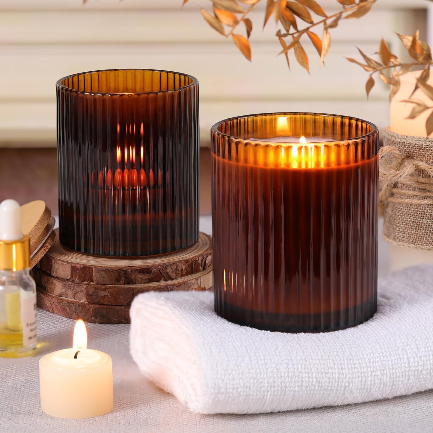 sunnyfuture 10 OZ Amber Candle Jars for Making Candles Set of 8, Ribbed Glass Candle Jars with Wood Lids and Labels, Candle Containers for DIY, Gifts, Home Decoration