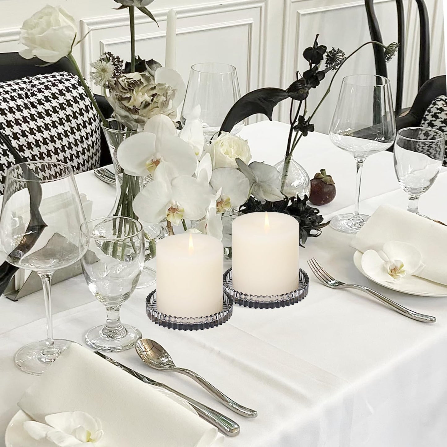 CHOCSTAY Glass Pillar Candle Holder, 4" Gray Candle Plates Set of 3, Glass Candle Holders for Wedding, Party, Holiday, Home Decor, Table Centerpiece