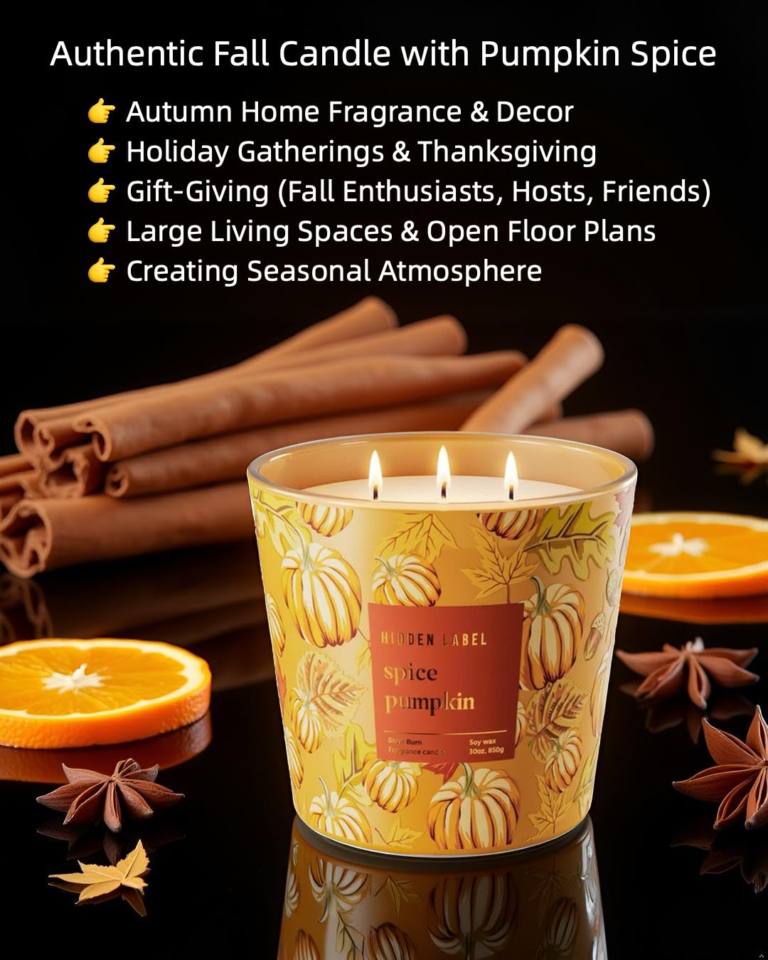 Hidden Label Pumpkin Spice Fall Candles, 3 Wick Large Scented Candle for Home, 30oz Natural Soy Candles for Home Scented,100 Hour Burn Time, Long Lasting Highly Scented Luxury Candle Gift