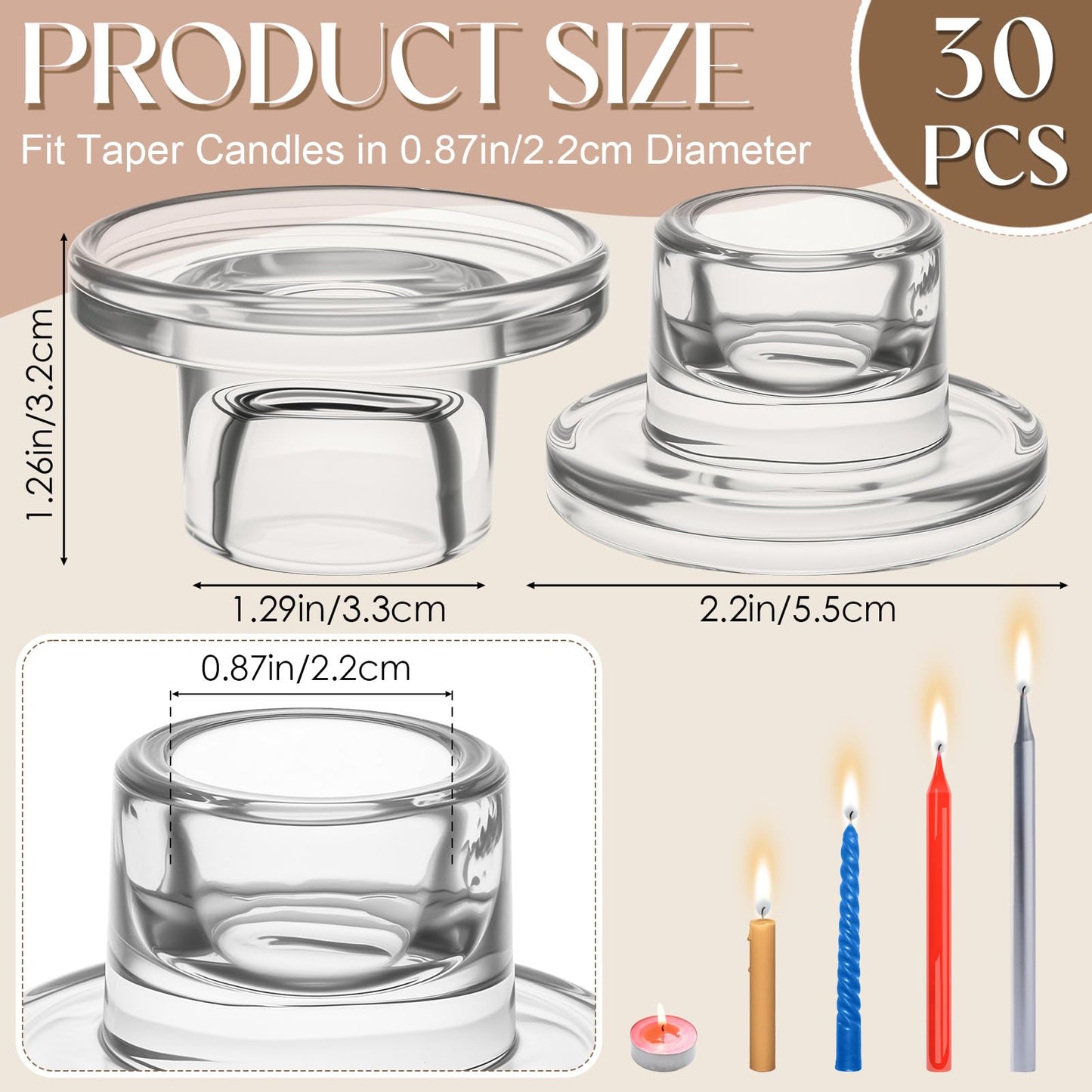 30 Pcs Glass Taper Candle Holders Candlestick Holders Clear Short Tapered Candle Holder Bulk, Elegant Glass Candle Sticks Set for Wedding Christmas Table Centerpiece Clear