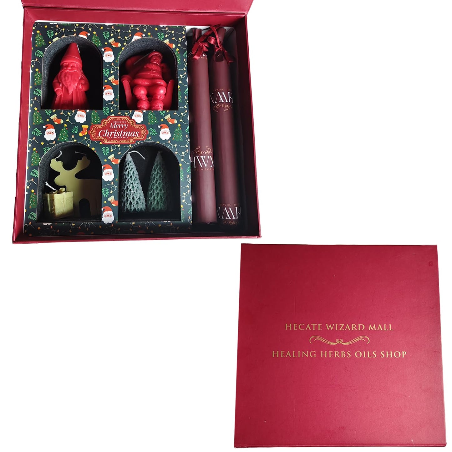 Hecate Magic Mall Christmas Candle Gift Set – 9 Highly Scented Festive Candles Including Santa, Trees, Deer, Cake & Ribbed Pillars | Luxury Holiday Gift Box with Surprise Santa Design (Pack of 1)