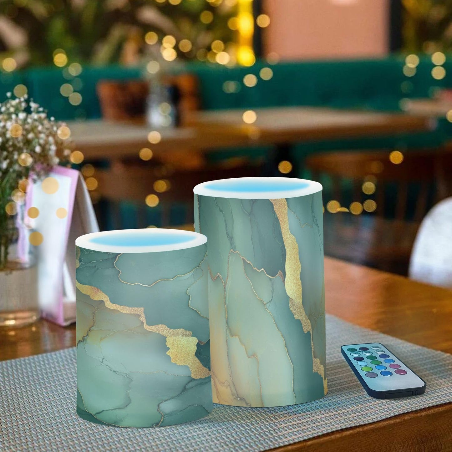 Zathe Flameless Flickering Candles Remote Led Pillar Candles for Decorations Marble Green Orange