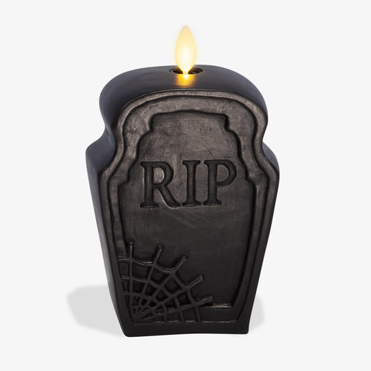 Luminara Black Flameless Candle RIP Tombstone Figural (2" x 5.5") Moving Flame Battery Operated LED Candle Lights Halloween Decoration