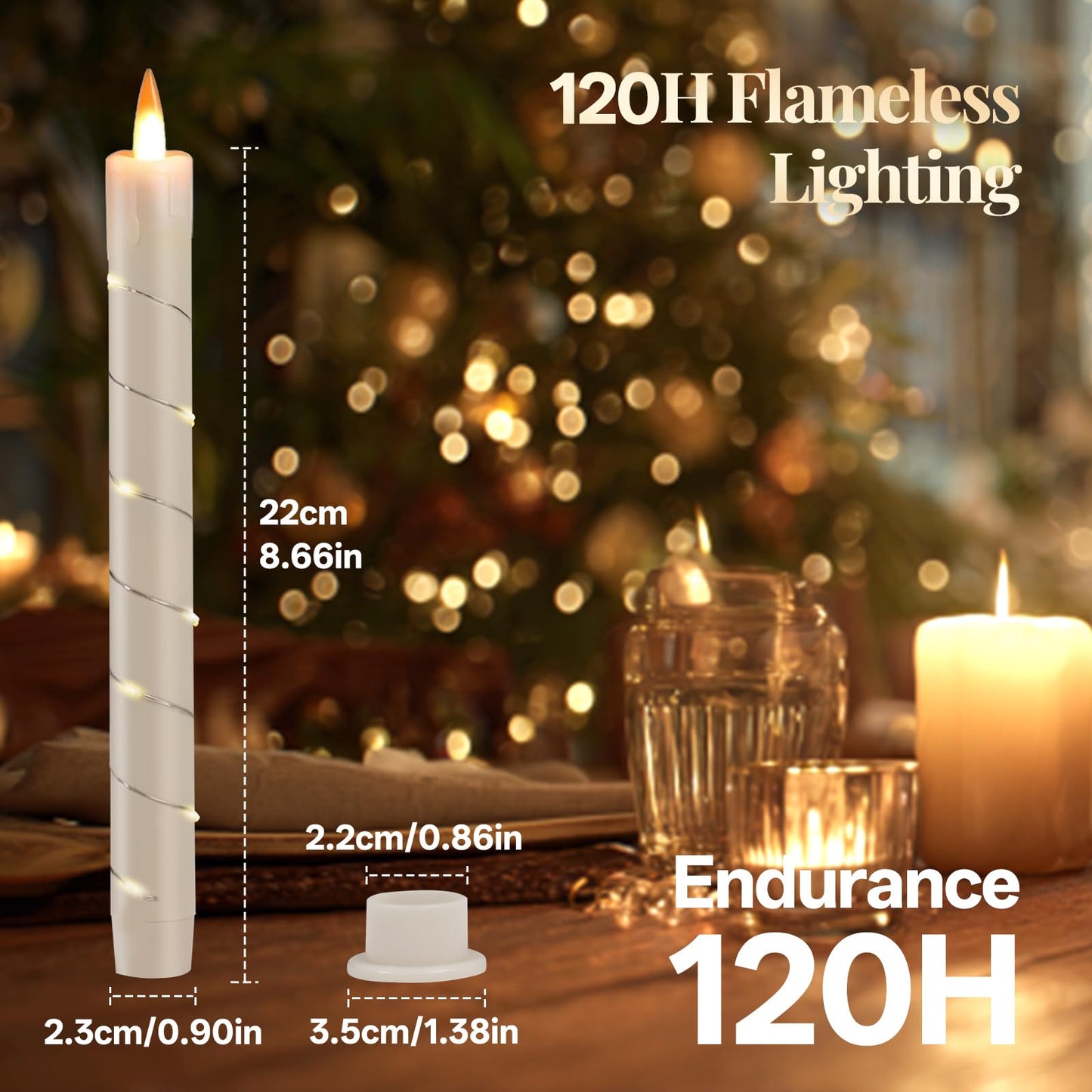 Rlojru 3pcs Flameless Taper Candle with Remote, Battery Powered, Timer, 3 Ivory ABS Candlesticks, 11 Mini Surround String Lights, 9.4 Inch LED Candles for Wedding, Birthday Party, Prom, Home Decor